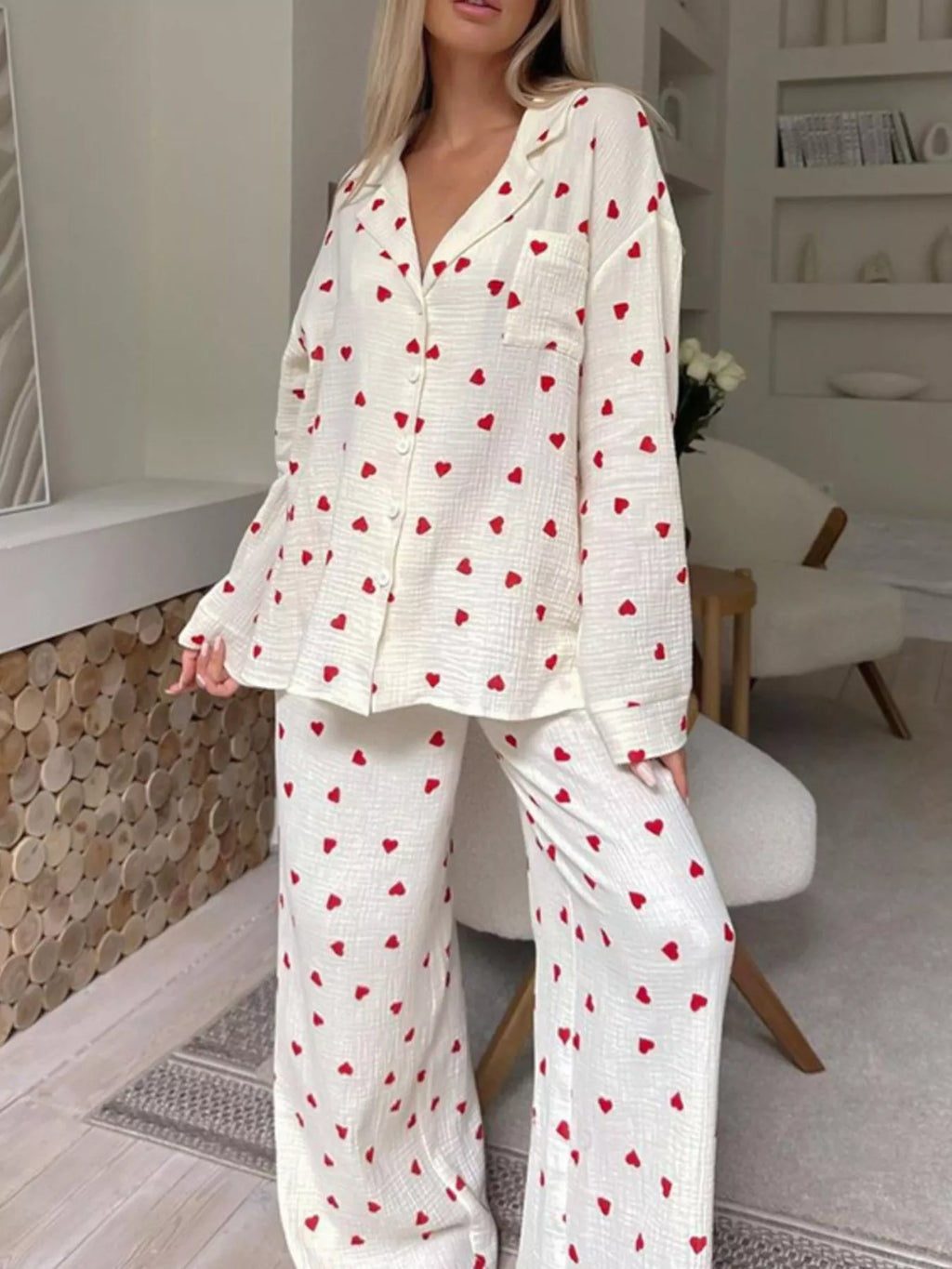 Heart Print Long Sleeve Top and Pants Lounge Set - Lilixa.store