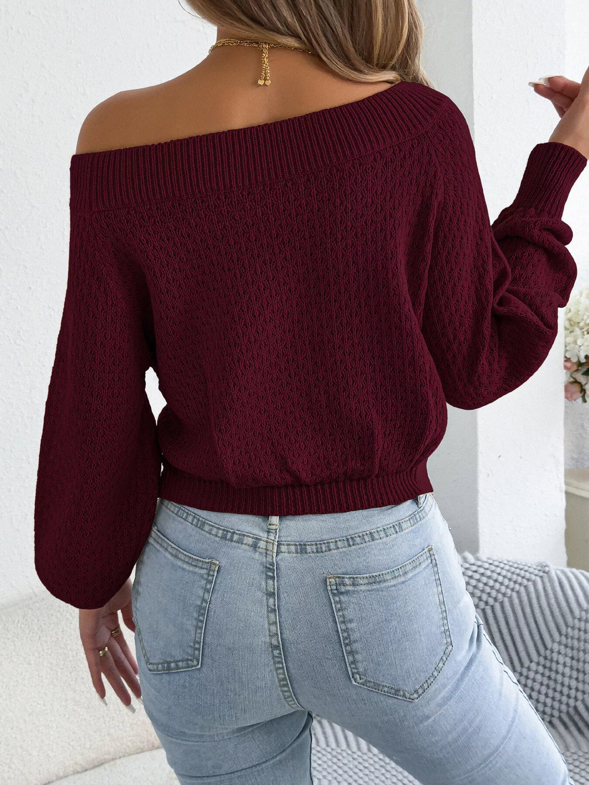Off-Shoulder Twist Front Textured Knit Top, view 6