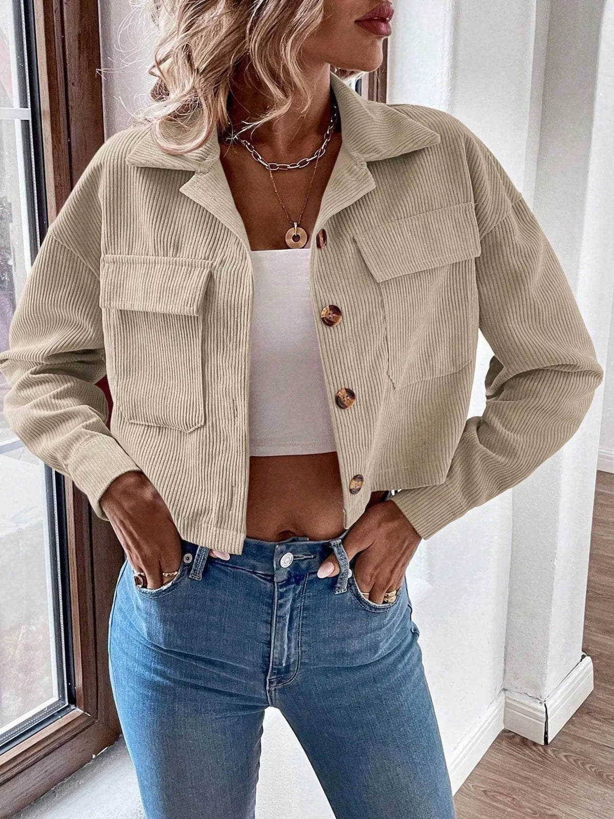 Cropped Corduroy Button-Down Jacket