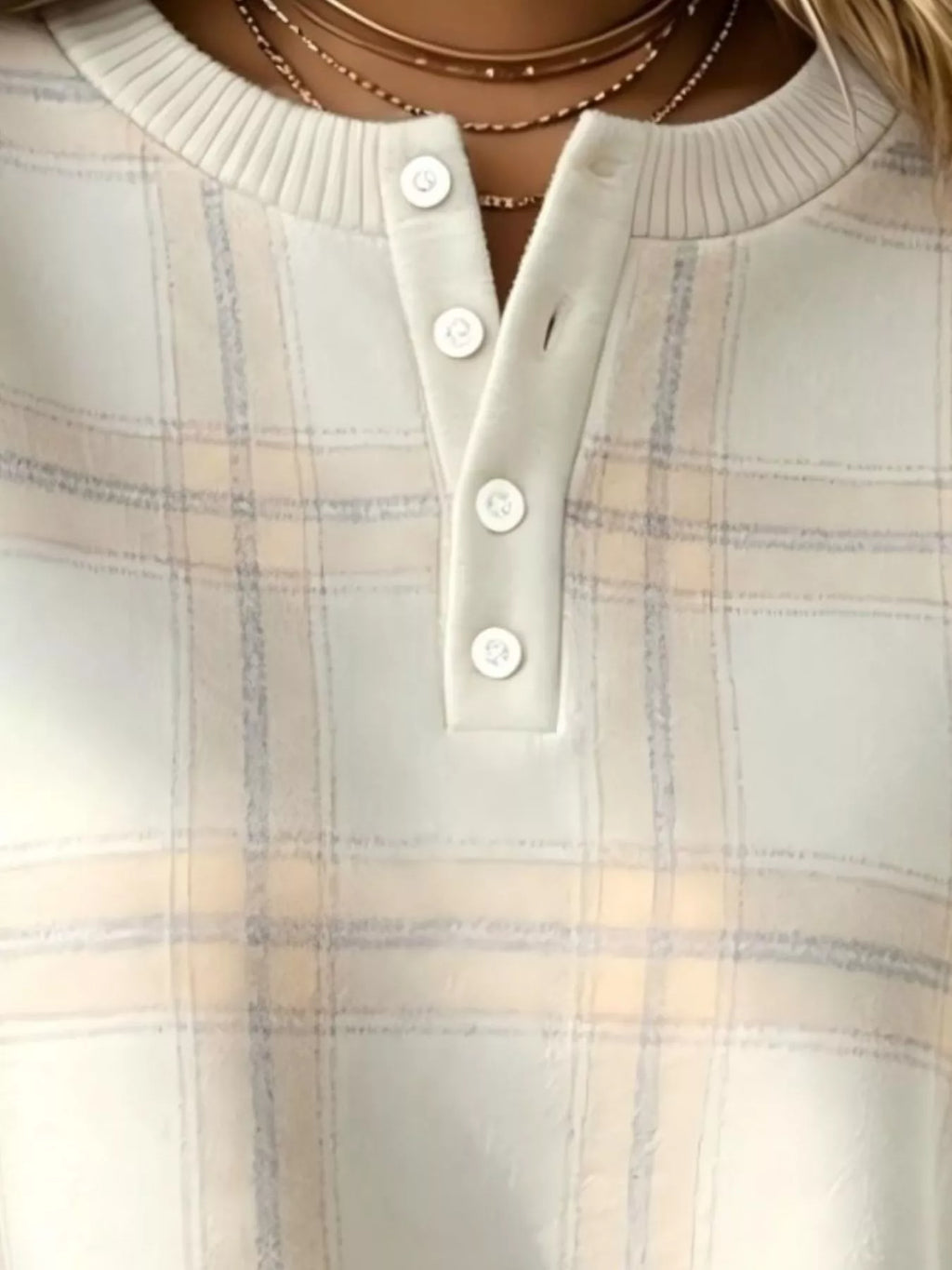 Full Size Plaid Button Detail Long Sleeve Sweatshirt Plus Size - Lilixa.store