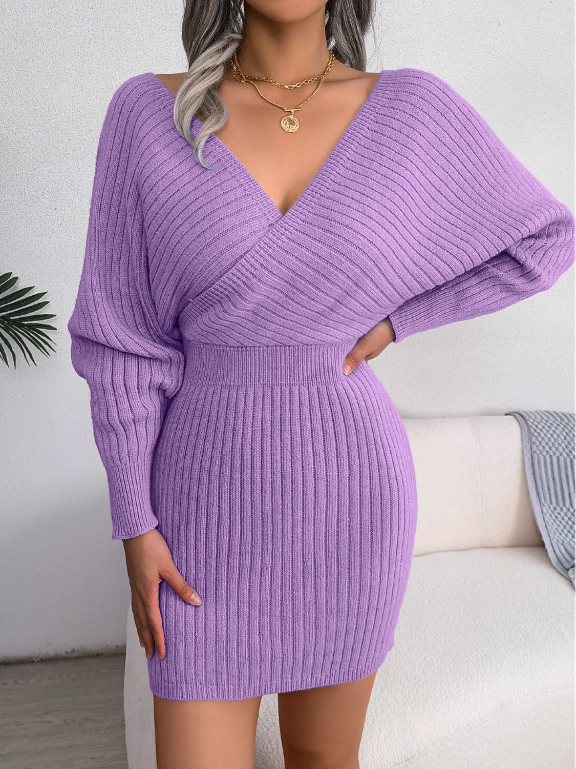 Rib-Knit Dolman Sleeve Sweater Dress in Heliotrope Purple