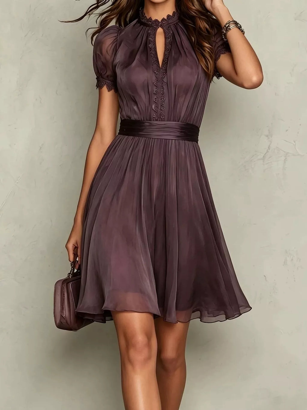 Full Size Lace Trim Puff Sleeve A-Line Dress Plus Size - Lilixa.store