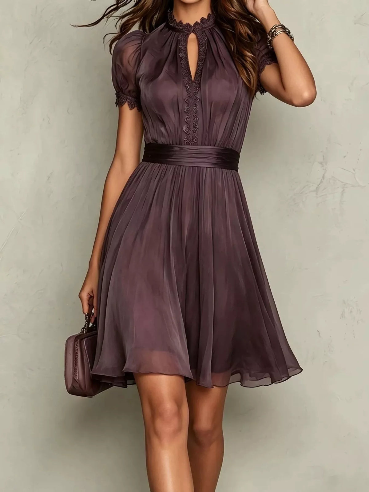 Full Size Lace Trim Puff Sleeve A-Line Dress Plus Size - Lilixa.store