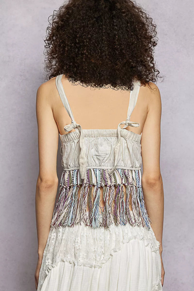 POL Lace-Up Fringe Hem Tank with Lace Detail - Lilixa.store