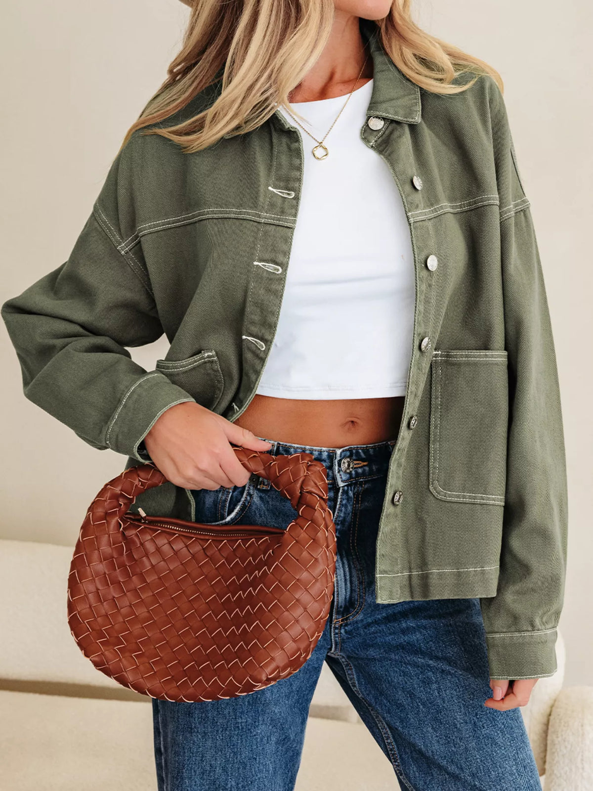 Patched Pocket Collared Button Front Boyfriend Denim Jacket in Moss, view 2