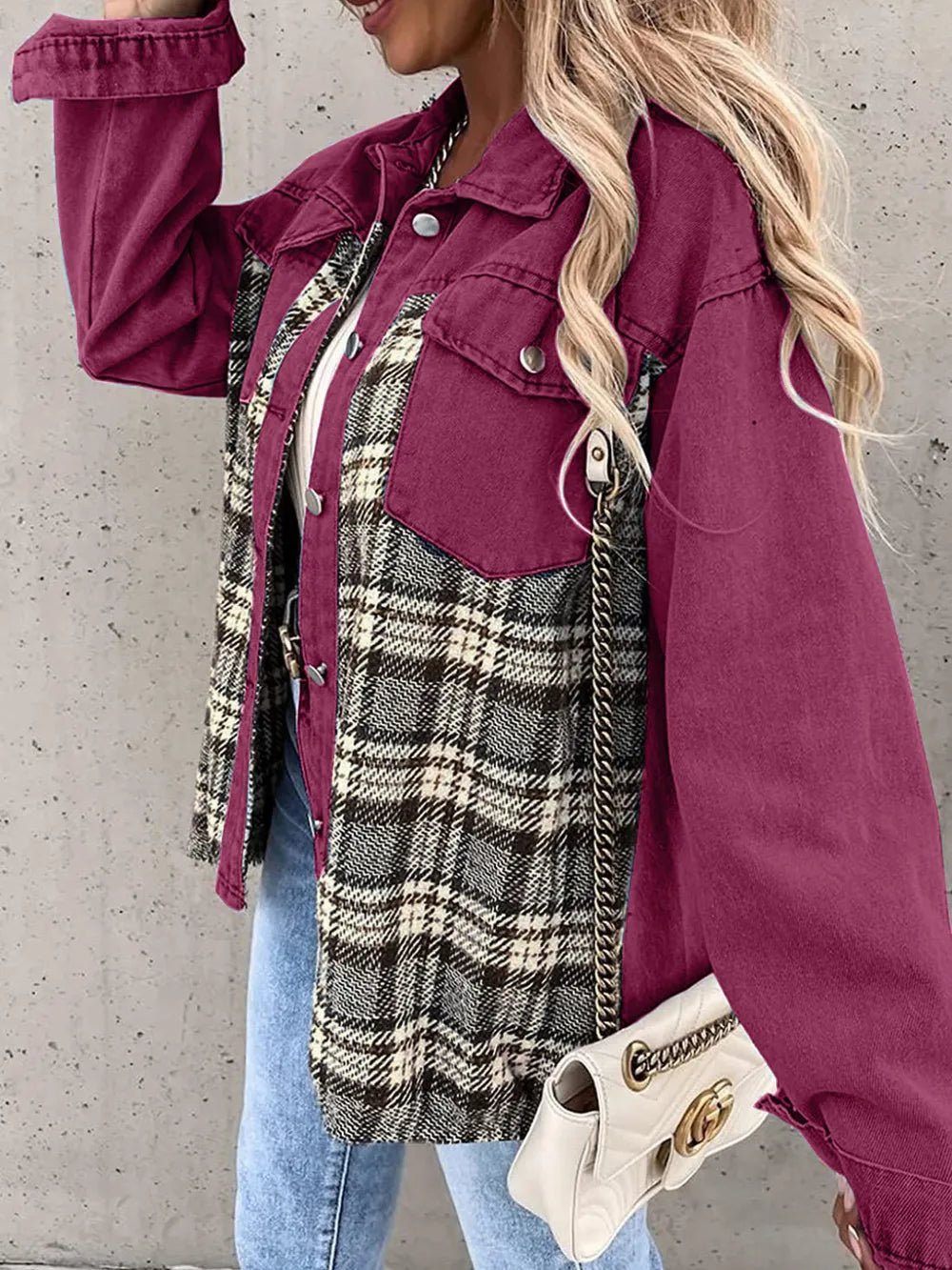 Plaid Button Up Dropped Shoulder Jacket, view 14