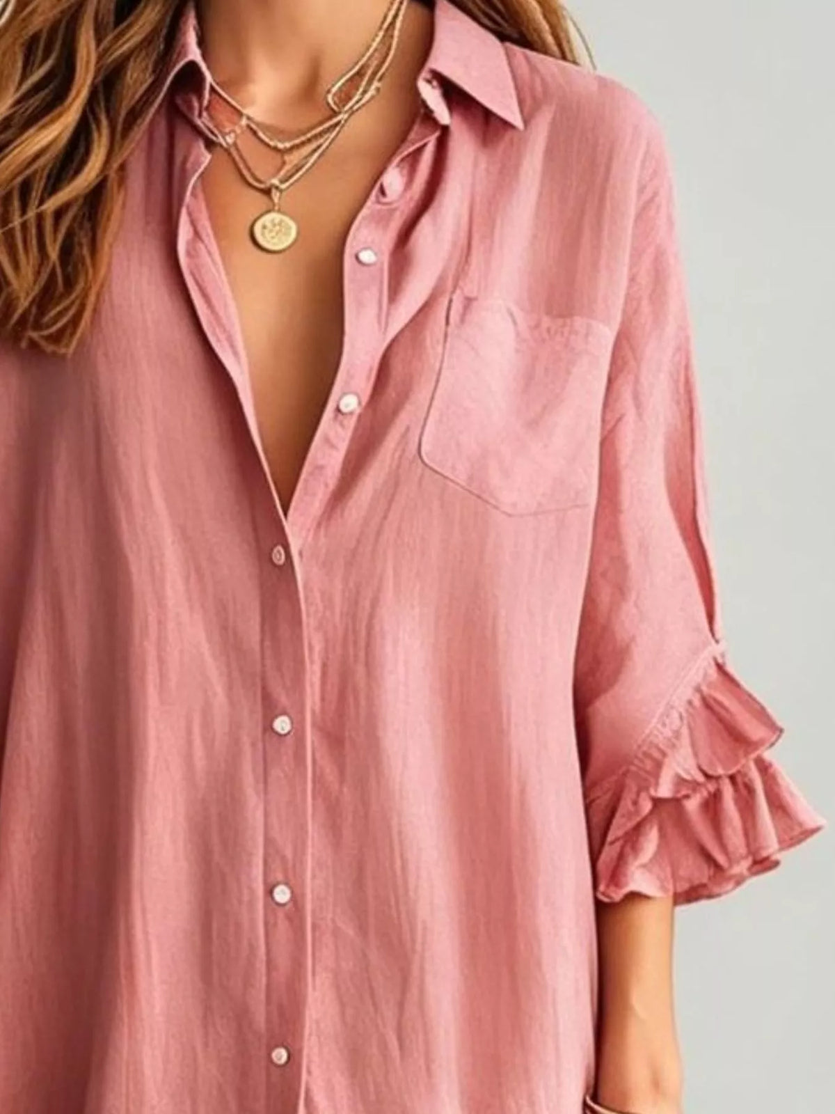 Full Size Ruffled Trim Button-Down Maxi Shirt Dress Plus Size