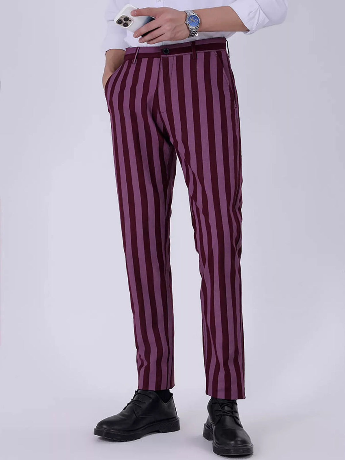 Men's Striped Slim-Fit Pants in Plum Purple