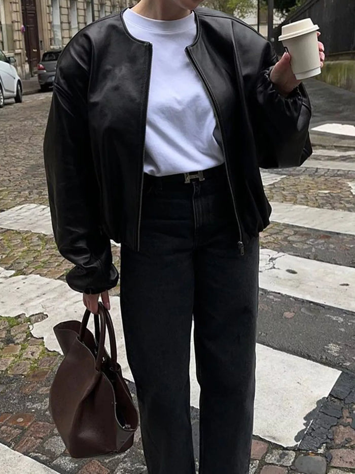 Zip Up Leather Bomber Jacket in Black