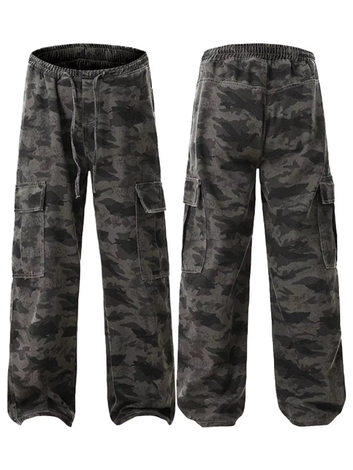 Men's Plus Size Drawstring Camouflage Wide Leg Pants in Green Camouflage, view 7