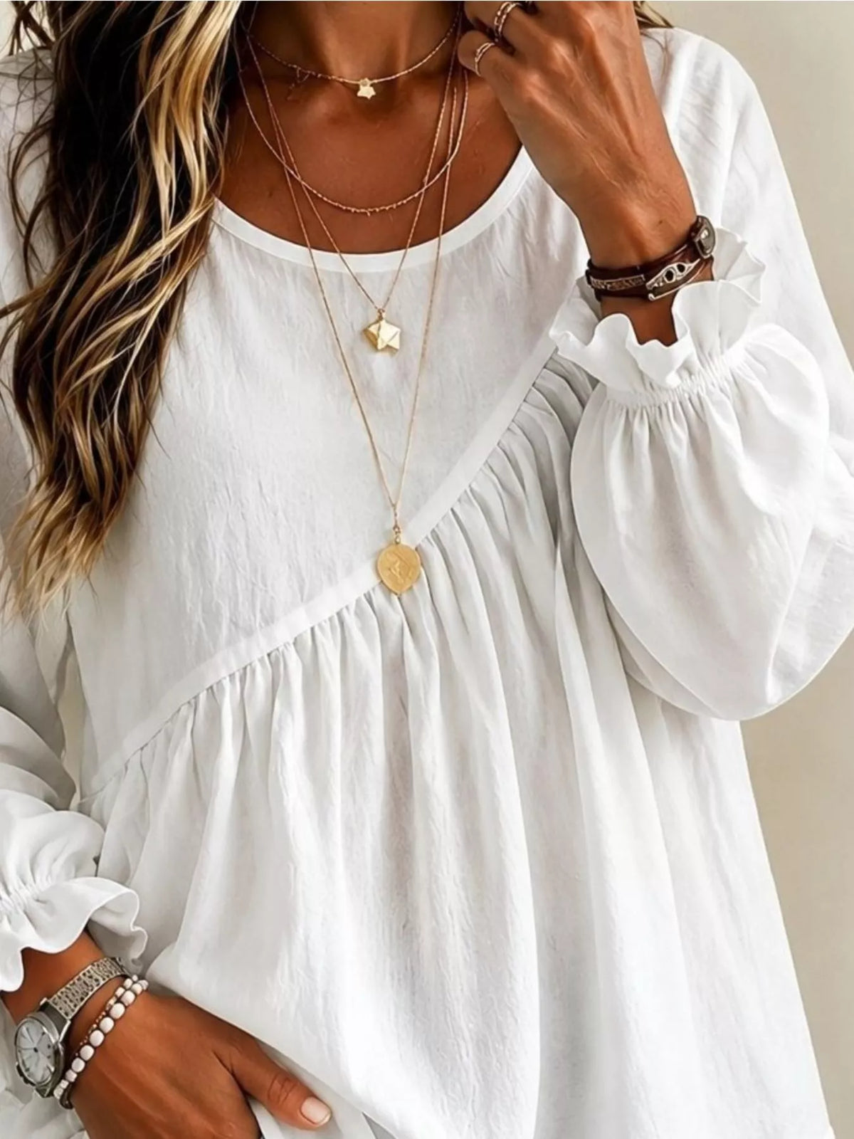 Long Sleeve Blouse with Asymmetric Pleated Detail - Lilixa.store