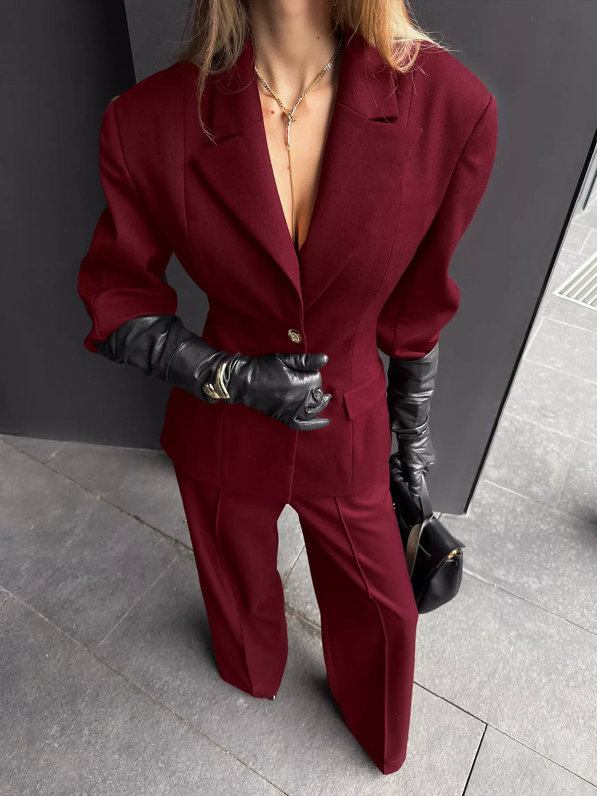 Lapel Collar Blazer and Wide-Leg Pants Set in Wine Red, view 4