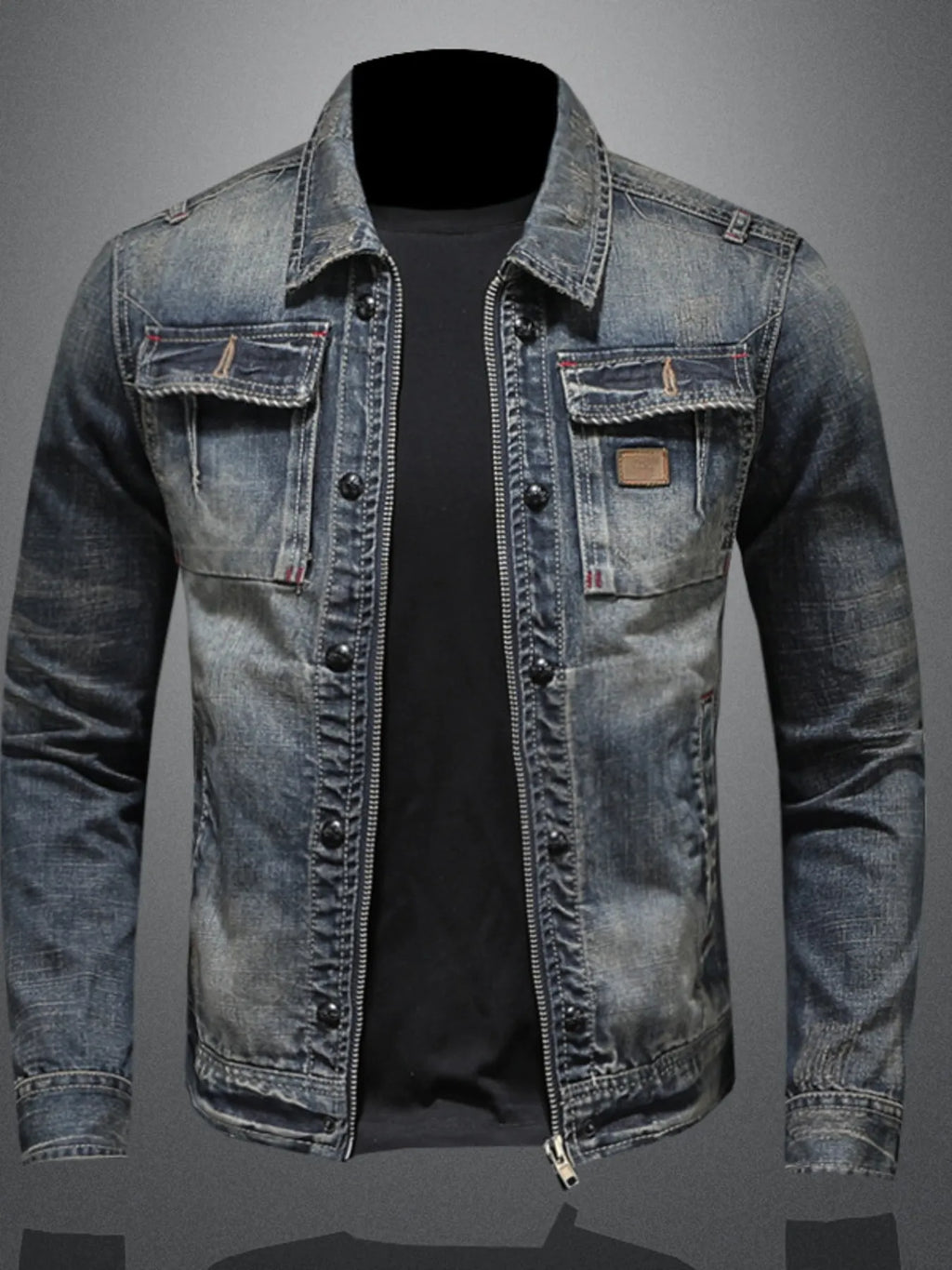 Men's Plus Size Washed Zip Up Denim Jacket with Chest Pockets - Lilixa.store