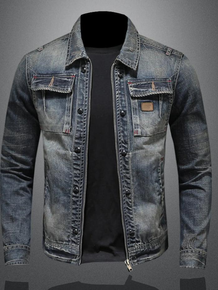 Men's Plus Size Washed Zip Up Denim Jacket with Chest Pockets - Lilixa.store