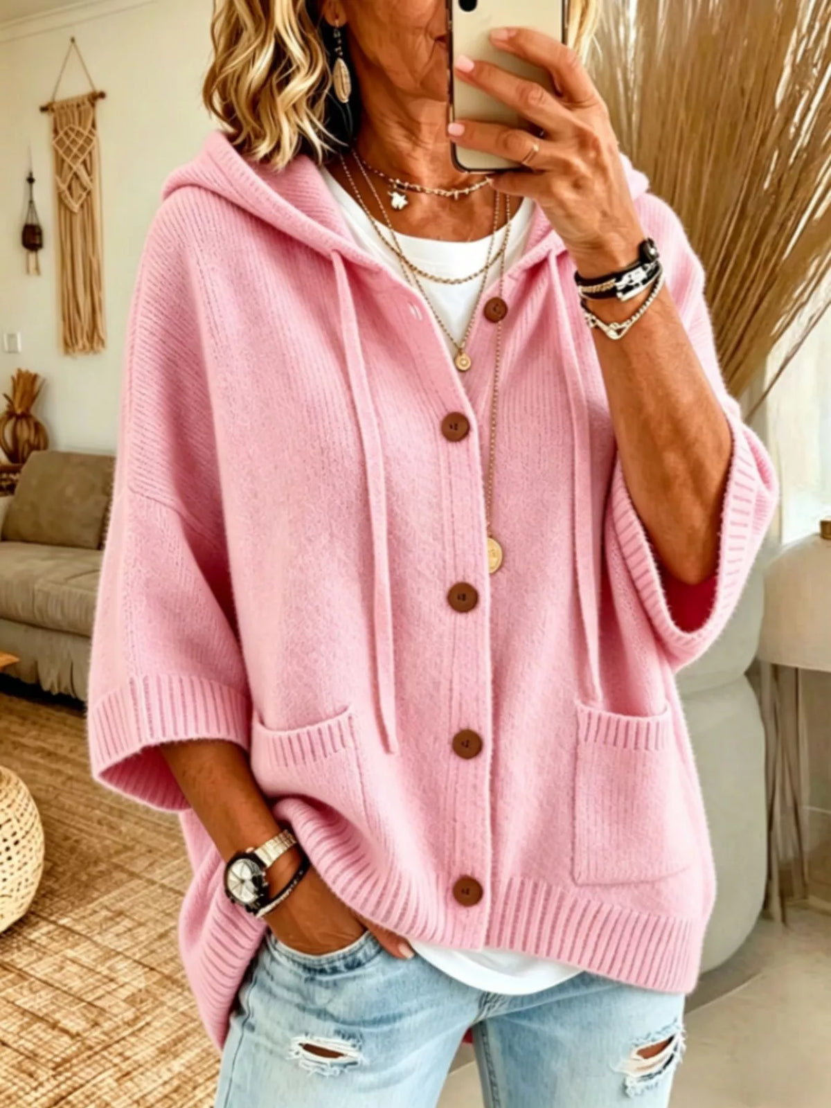 Full Size Casual Hooded Button-Down Knit Cardigan with Pockets Plus Size - Lilixa.store