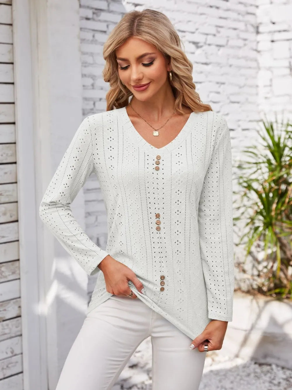 Decorative Button Openwork V-Neck T-Shirt - Lilixa.store