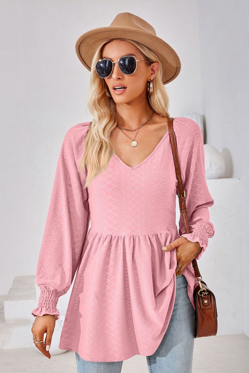 V-Neck Lantern Sleeve Blouse in Pink