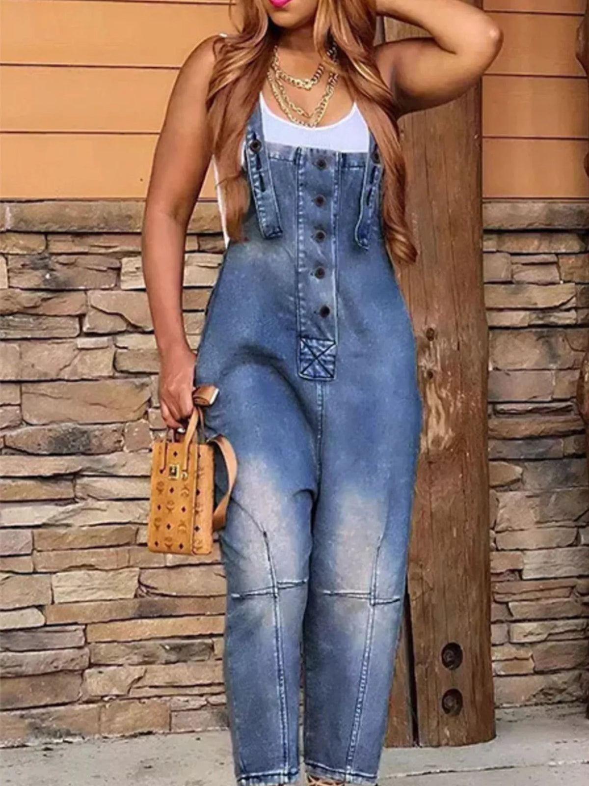 Full Size Button Front Denim Overalls with Pockets Plus Size - Lilixa.store