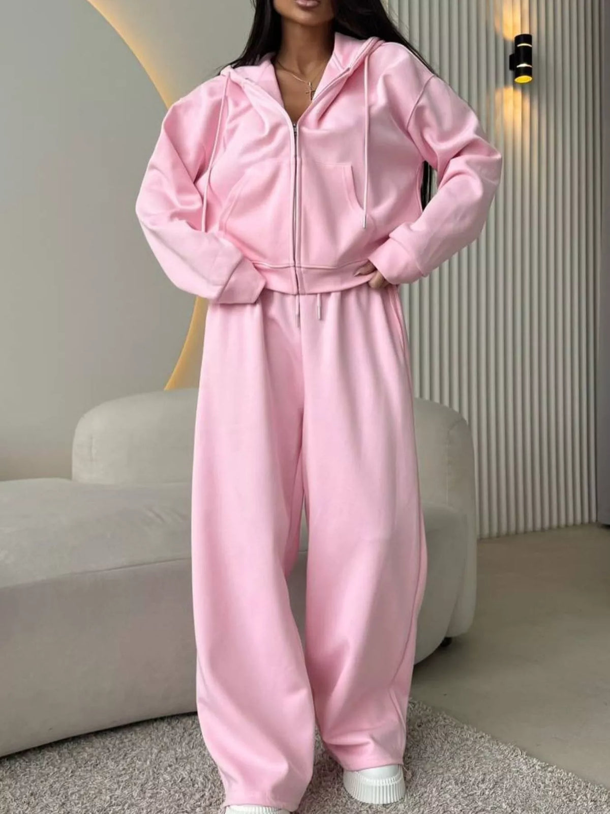 Zip-Up Hoodie and Wide-Leg Pants Set - Lilixa.store