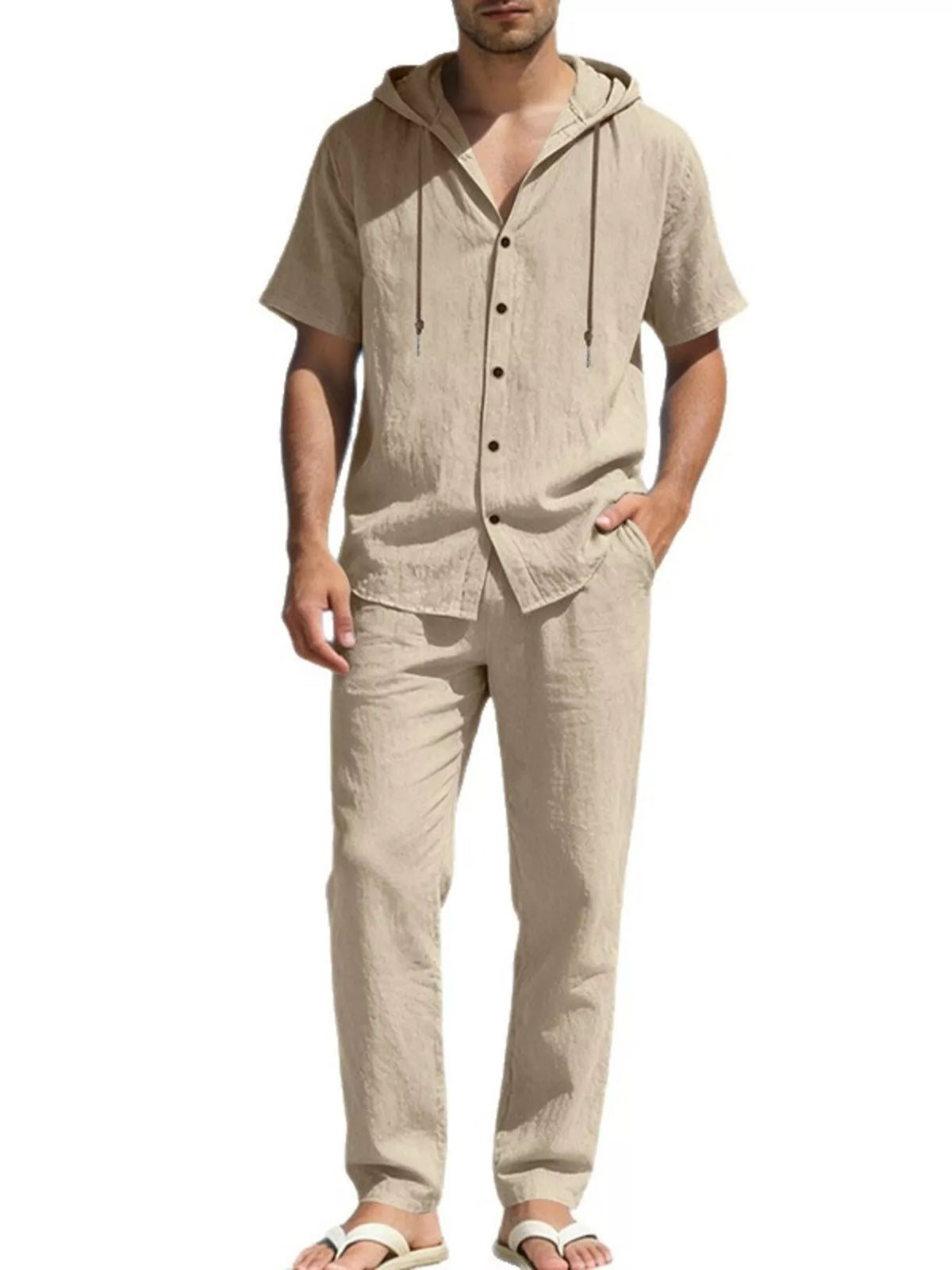 Men's Full Size Button Up Hooded Top and Pants Set Plus Size - Lilixa.store