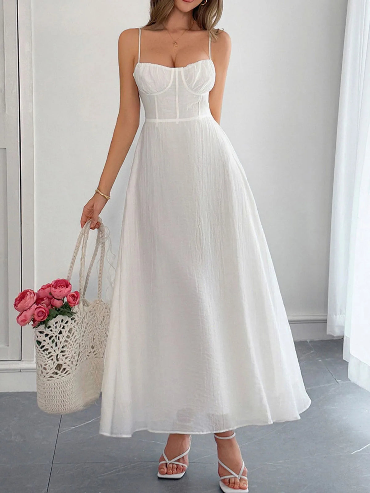 Texture Sweetheart Neck Backless Cami Dress - Lilixa.store