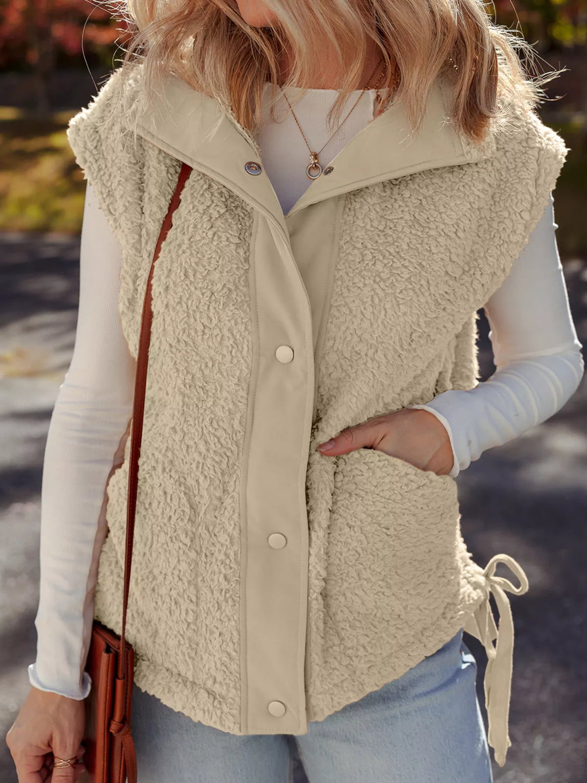 Faux Fur Snap Button Front Knot Side Plush Vest with Pockets in Beige