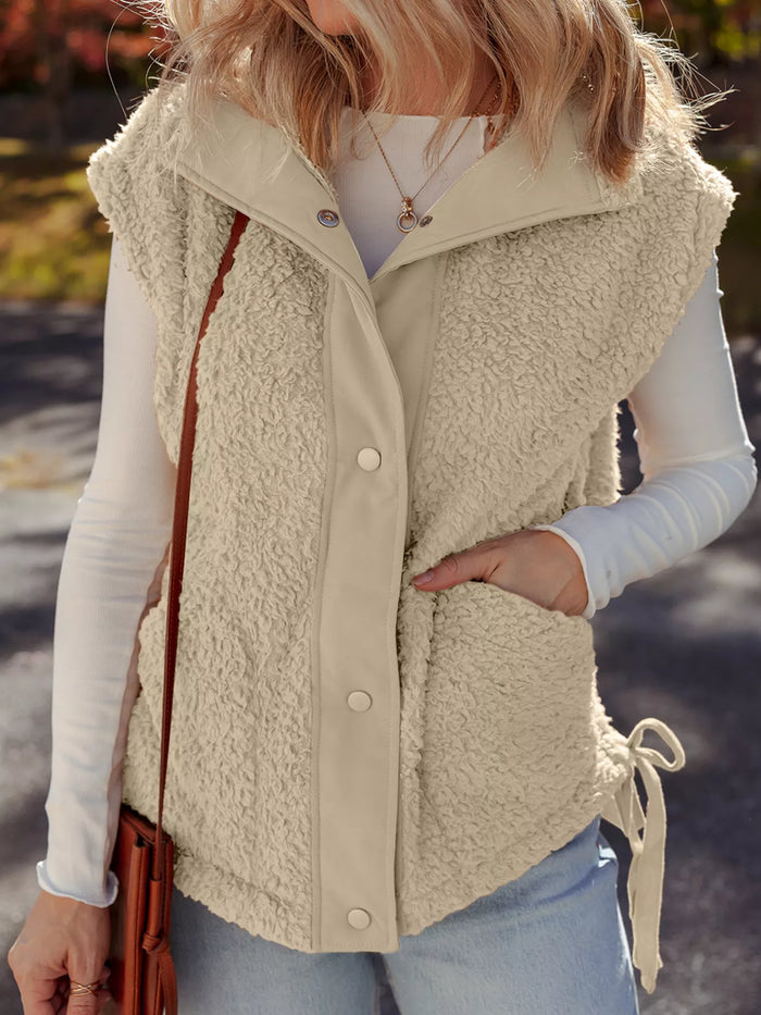 Faux Fur Snap Button Front Knot Side Plush Vest with Pockets in Beige