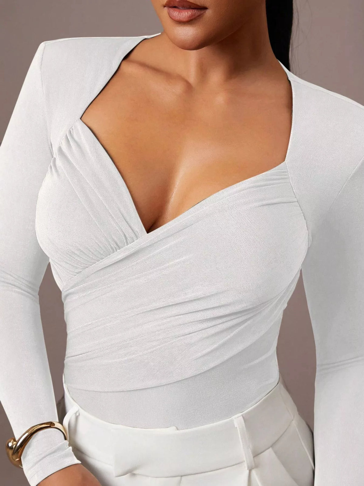 Ruched Surplice Long Sleeve Bodysuit - Lilixa.store
