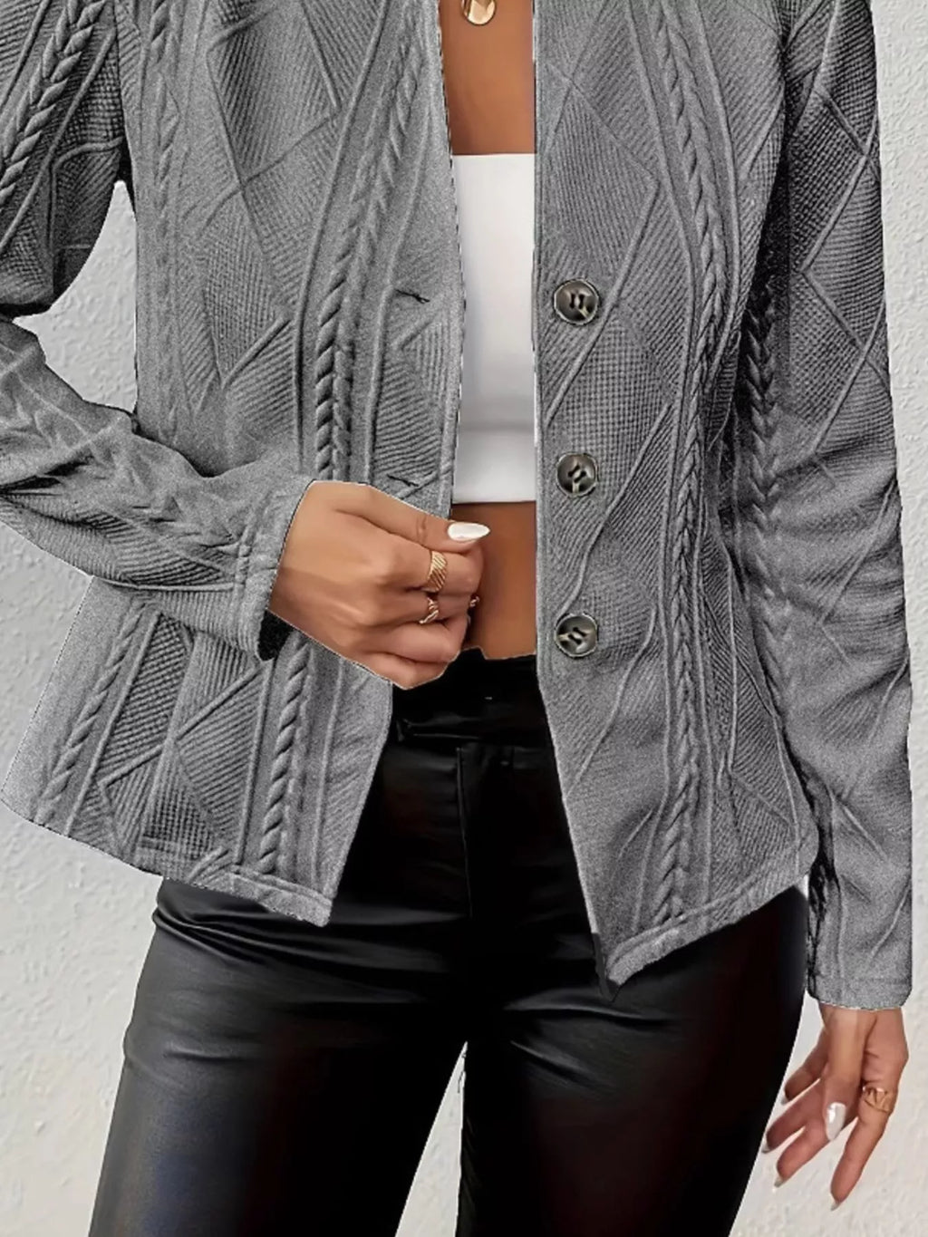 Textured Knit Button-Front Blazer - Lilixa.store