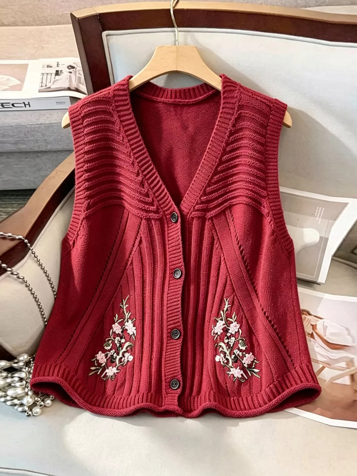 Floral Embroidered V-Neck Button-Down Sweater Vest - Lilixa.store
