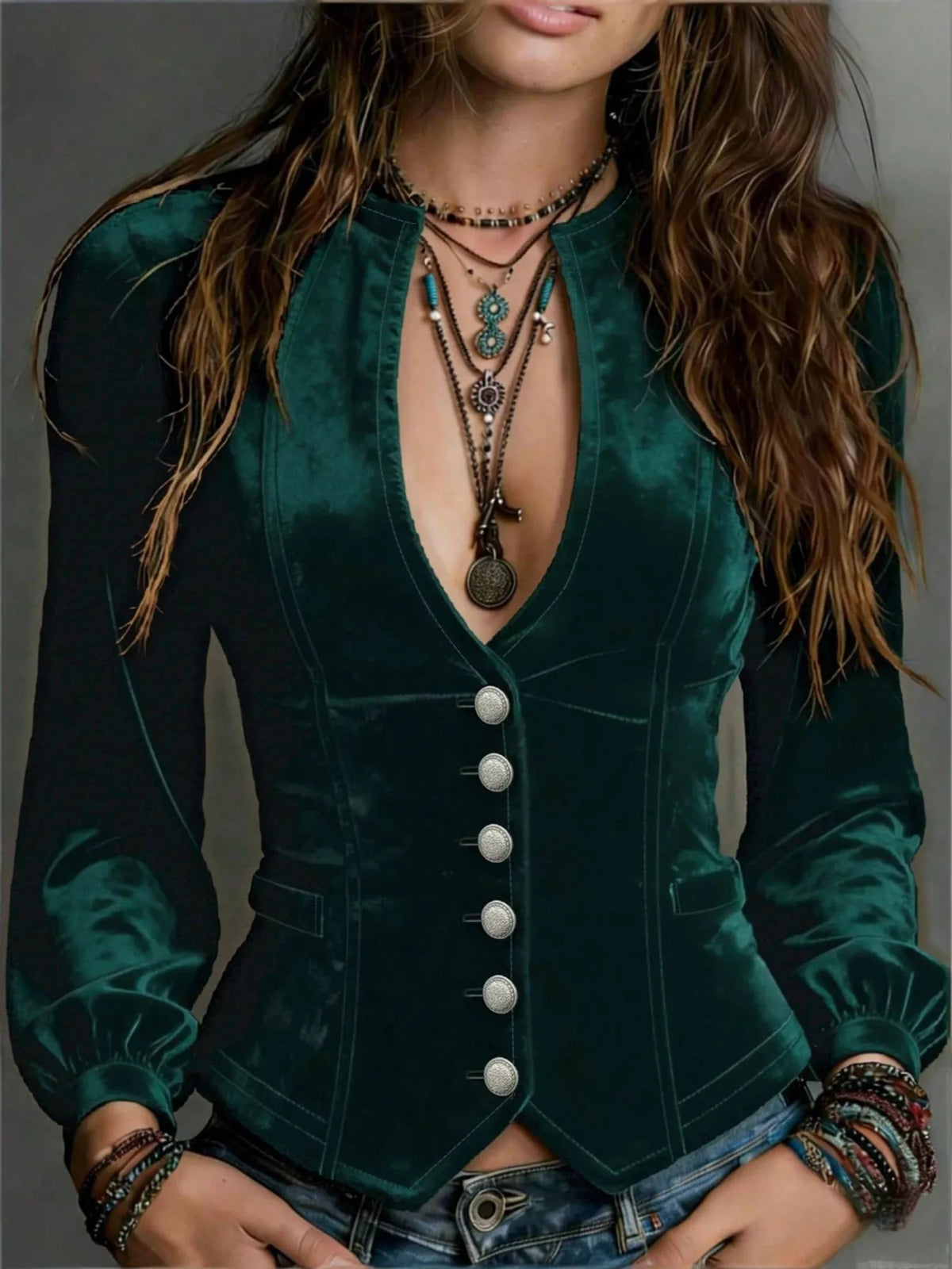 Button Down Plunge Velvet Shirt in Dark Green
