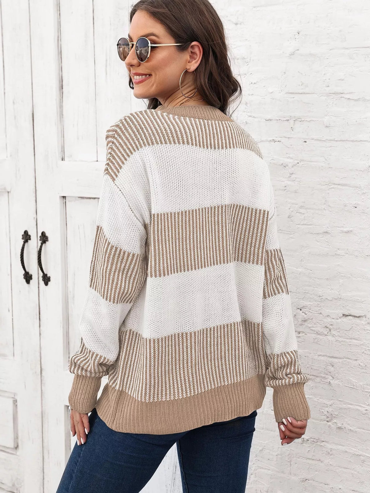 Full Size Striped Color Block Crew Neck Sweater Plus Size, view 7