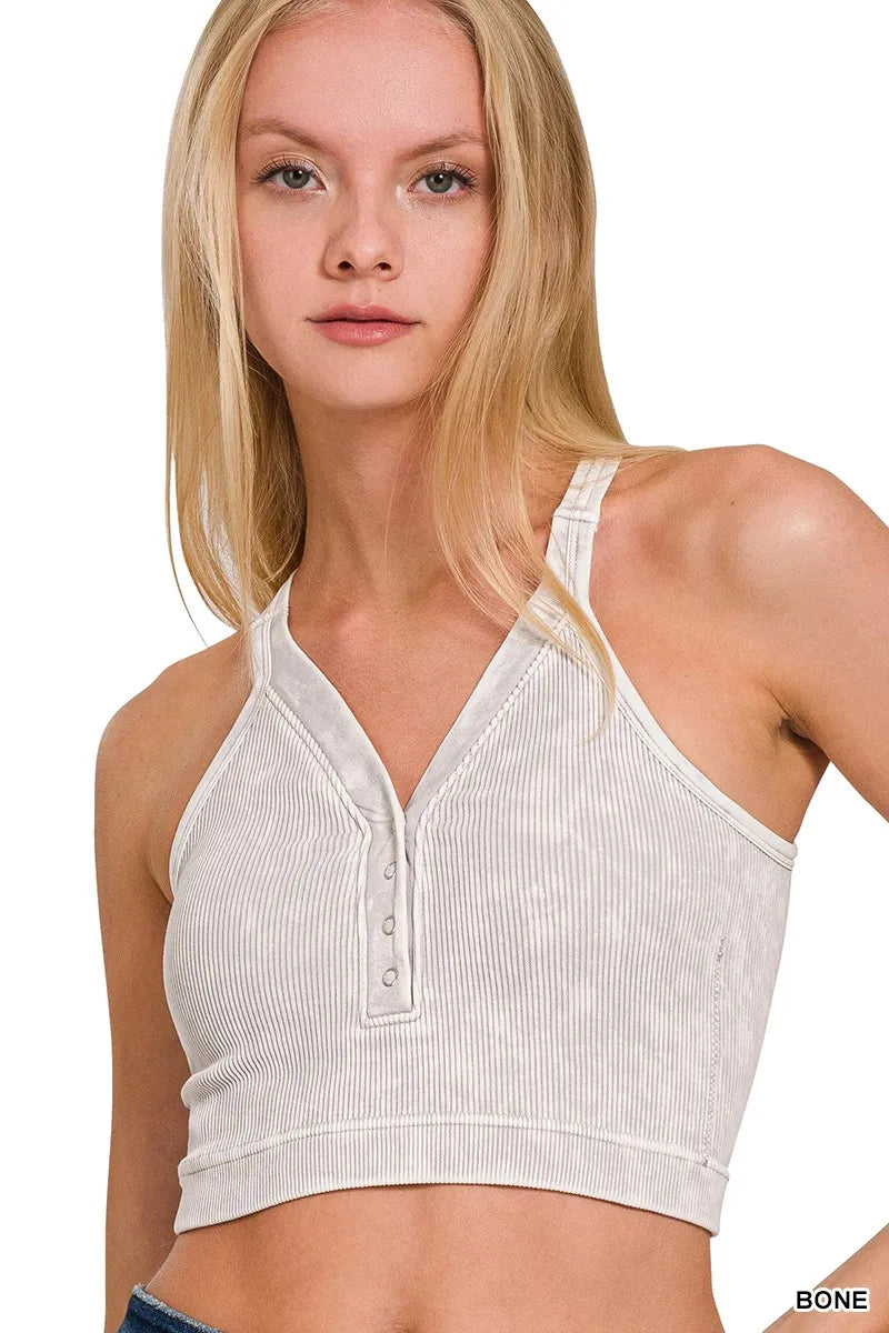 Zenana Washed Ribbed Seamless Button V-neck Tank Top - Lilixa.store