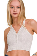 Zenana Washed Ribbed Seamless Button V-neck Tank Top - Lilixa.store