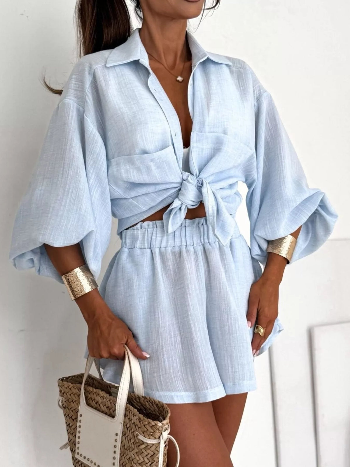 Long Sleeve Shirt and High-Waisted Shorts Set - Lilixa.store