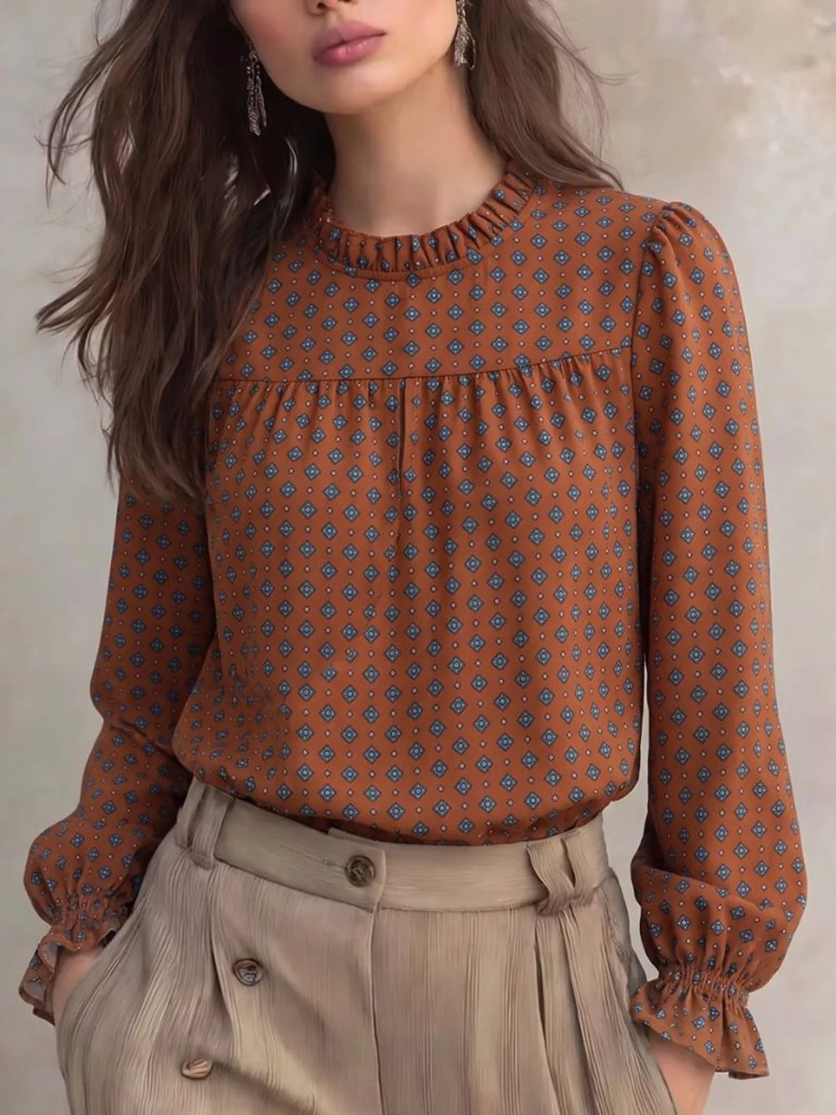 Printed Flounce Sleeve Blouse in Brown