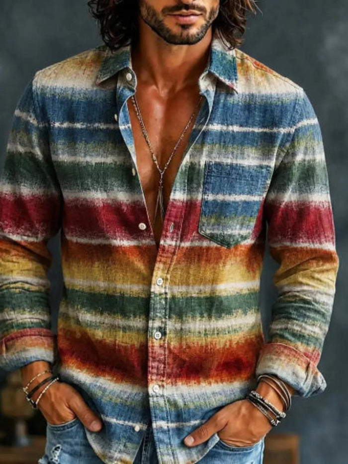 Men's Full Size Vintage Multi-Color Striped Long Sleeve Shirt Plus Size - Lilixa.store