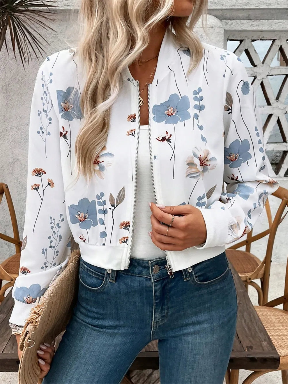Printed Zip Up Long Sleeve Jacket in White, view 3