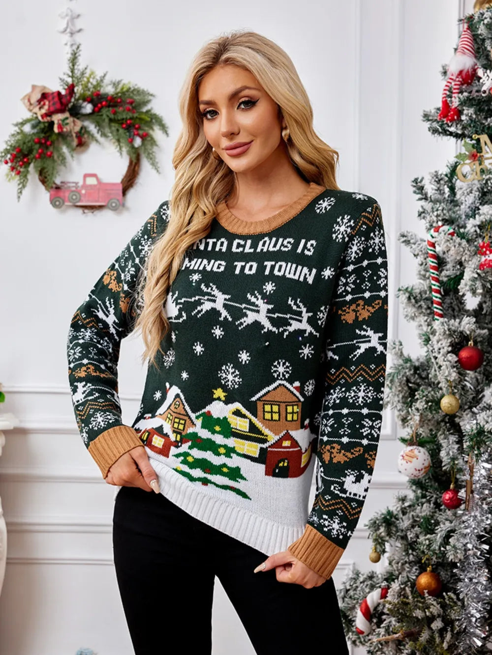 Graphic Round Neck Long Sleeve Sweater - Lilixa.store