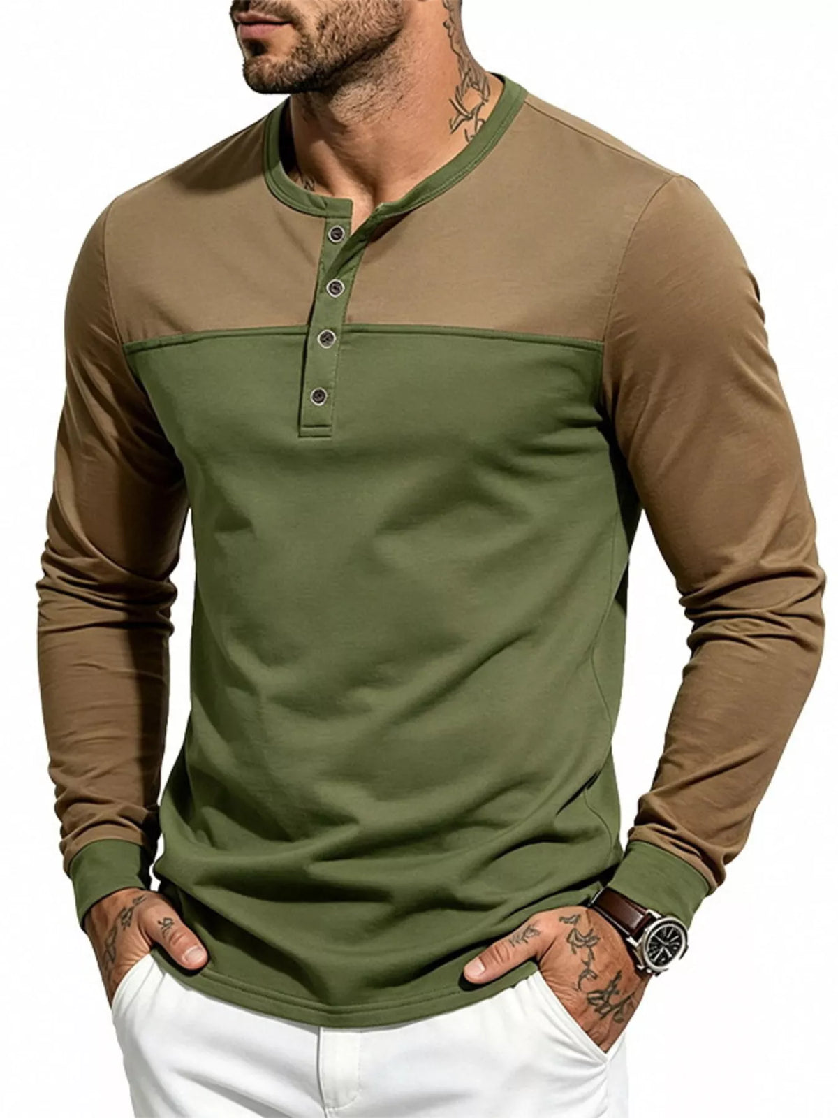 Men's Full Size Color-Block Long Sleeve Henley T-Shirt Plus Size - Lilixa.store