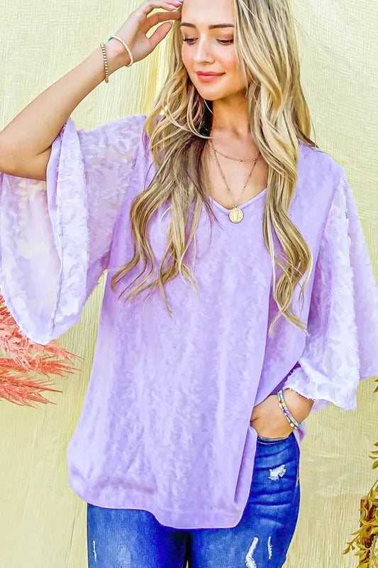 And The Why Feather Detailed 3/4 Sleeve Slub Top in Lilac, view 7