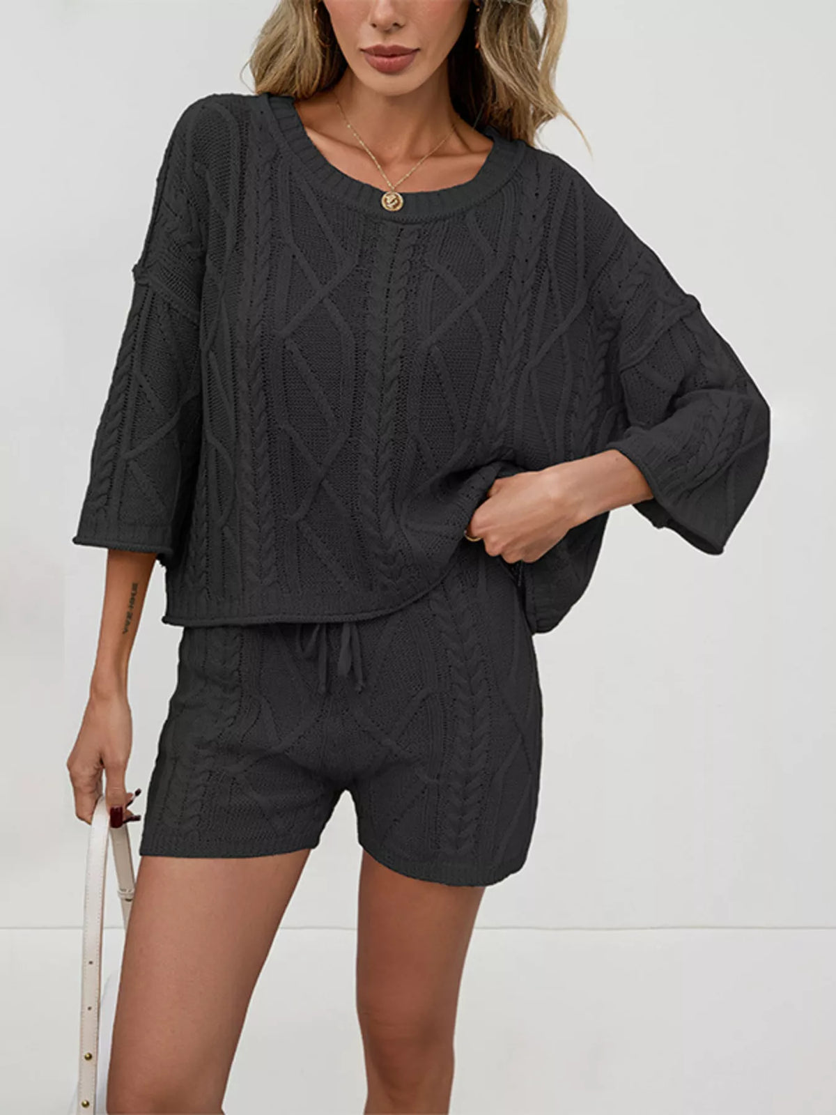 Cable Knit 3/4 Sleeve Sweater and Shorts Set in Black