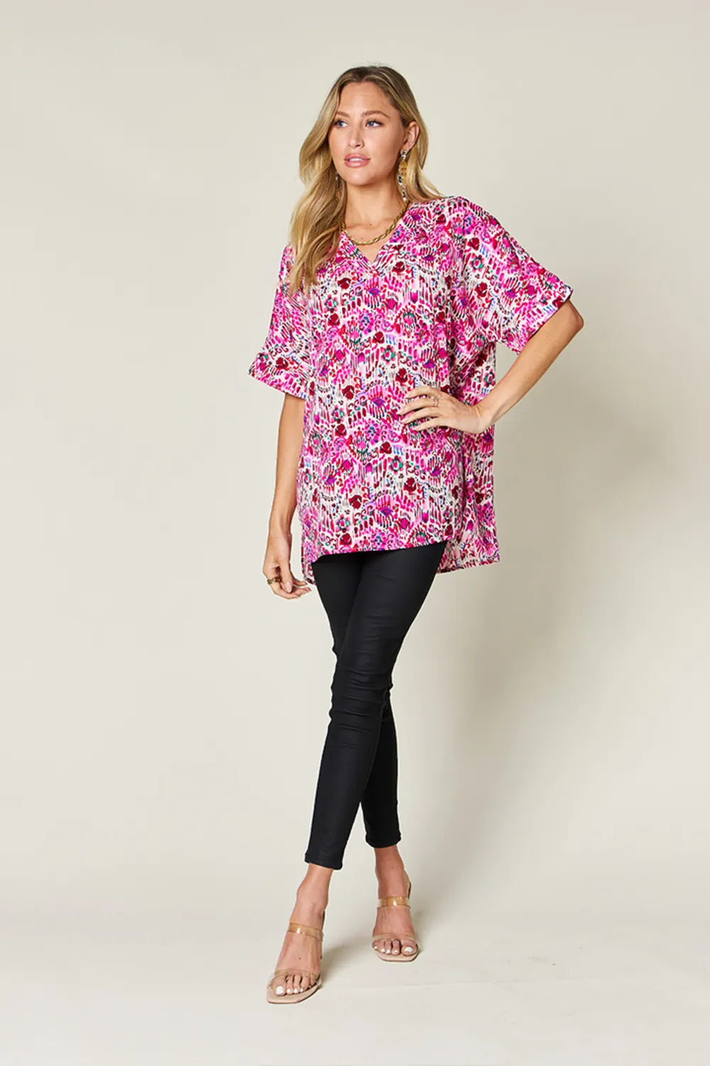 Double Take Full Size Printed V-Neck Short Sleeve Blouse - Lilixa.store