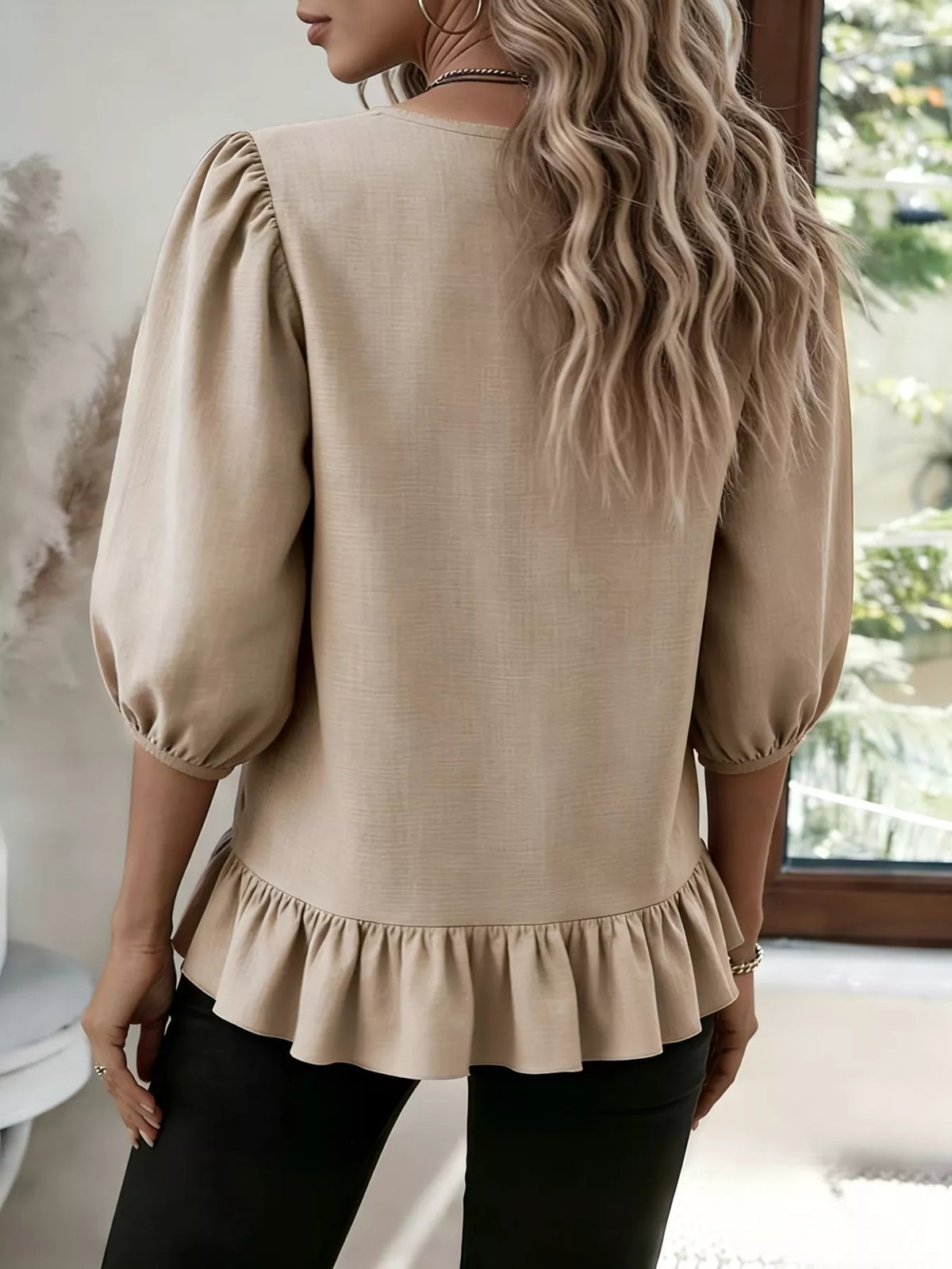 Casual Puff Sleeve Ruffle Hem Blouse, view 3