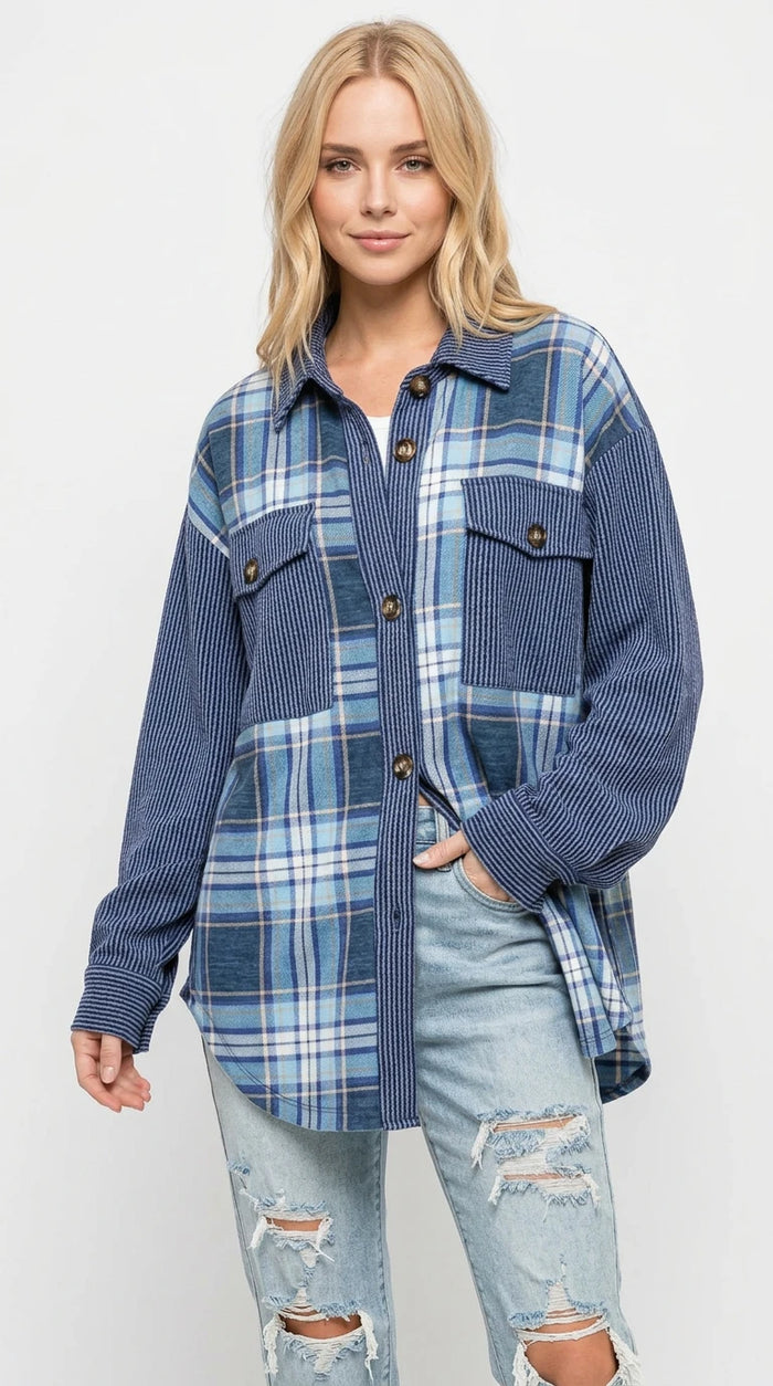 Oh Plaid Button Up Long Sleeve Shacket with Breast Pockets in Blue