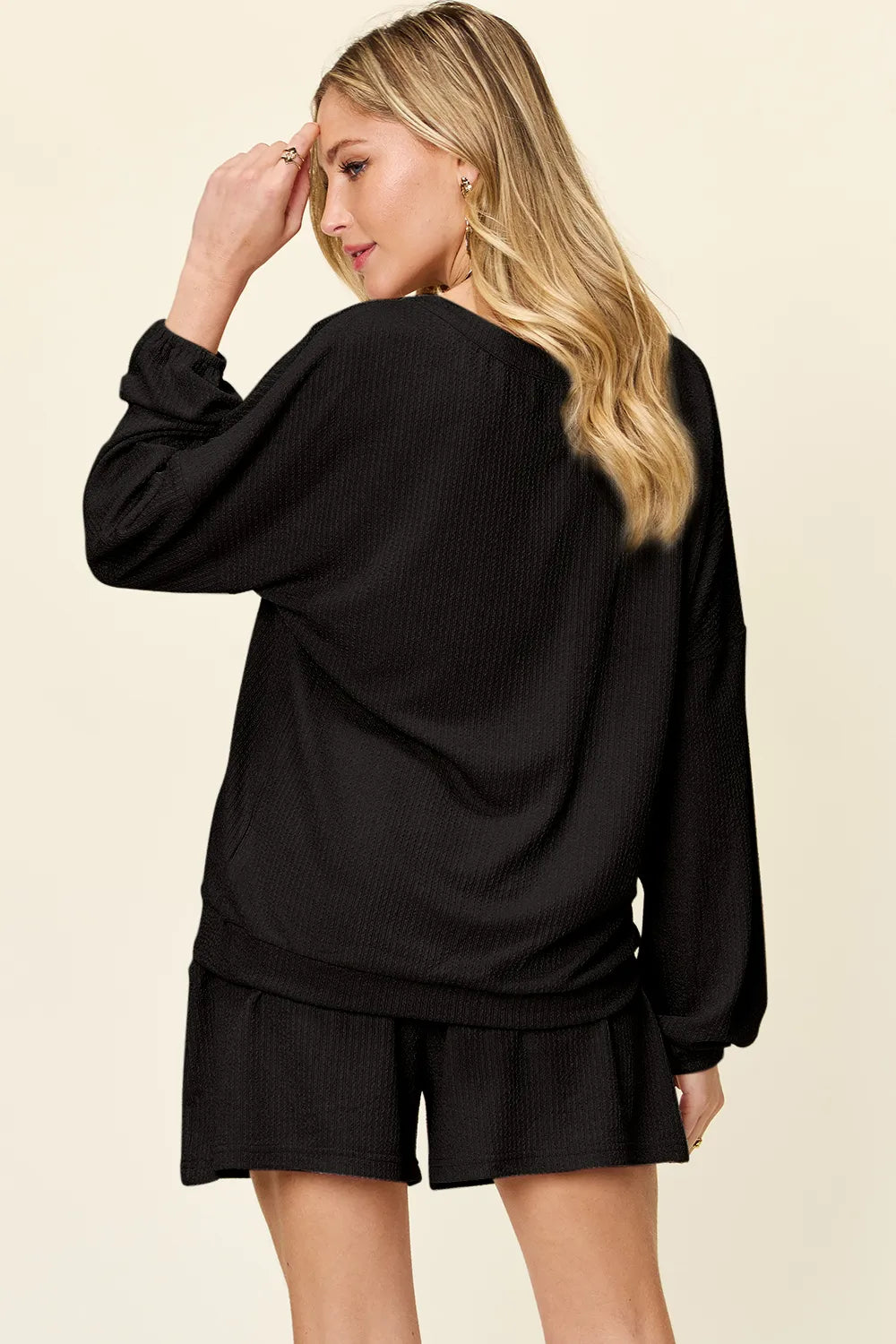 Double Take Full Size Texture V-Neck Long Sleeve T-Shirt and Shorts Set, view 10