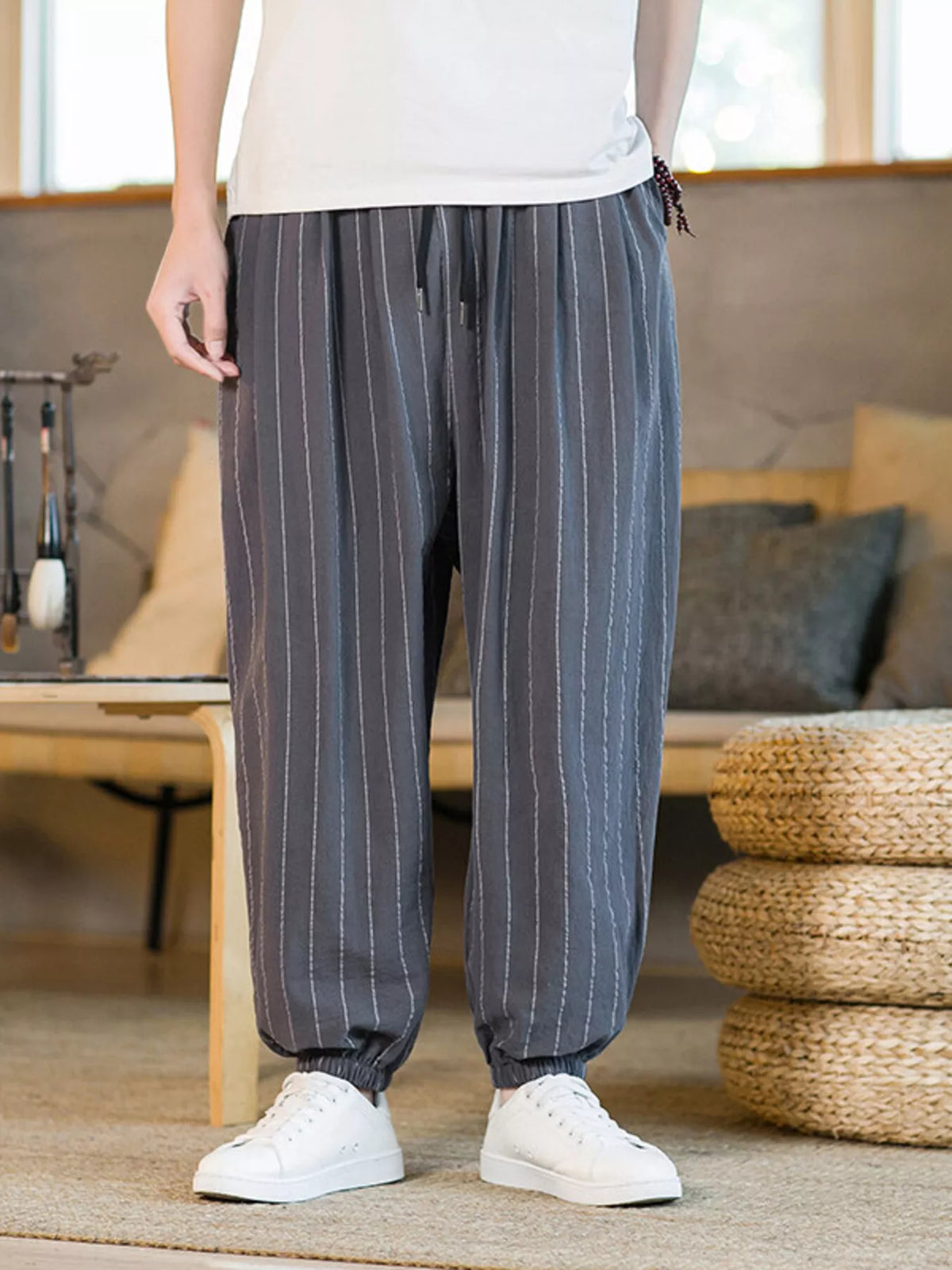 Men's Plus Size Striped Harem Pants in Grey