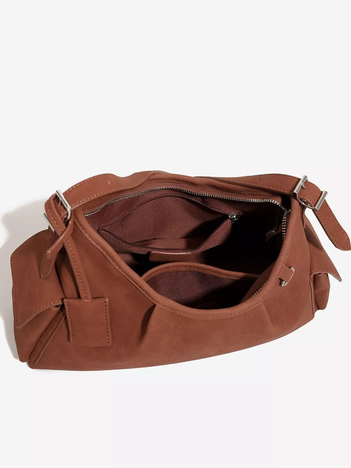 Suede Ruched Shoulder Bag in Brown, view 6