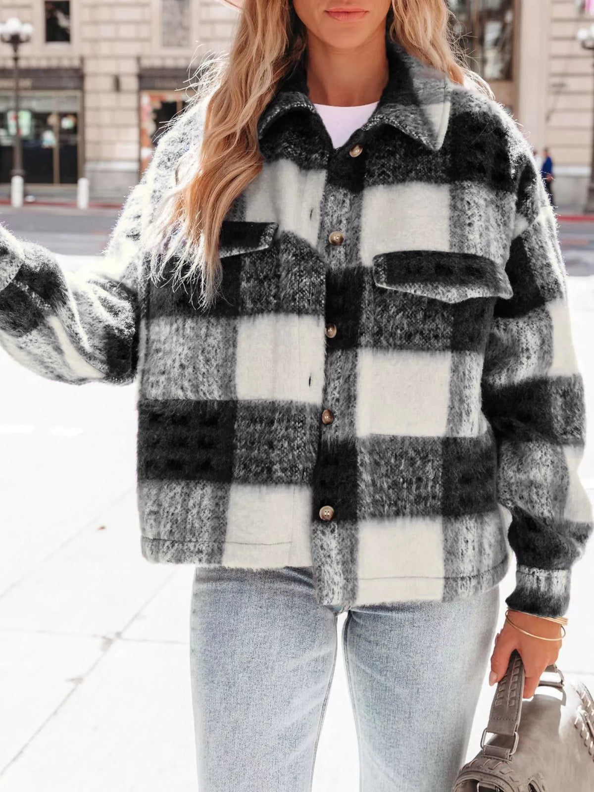 Plaid Button-Down Shacket in Black