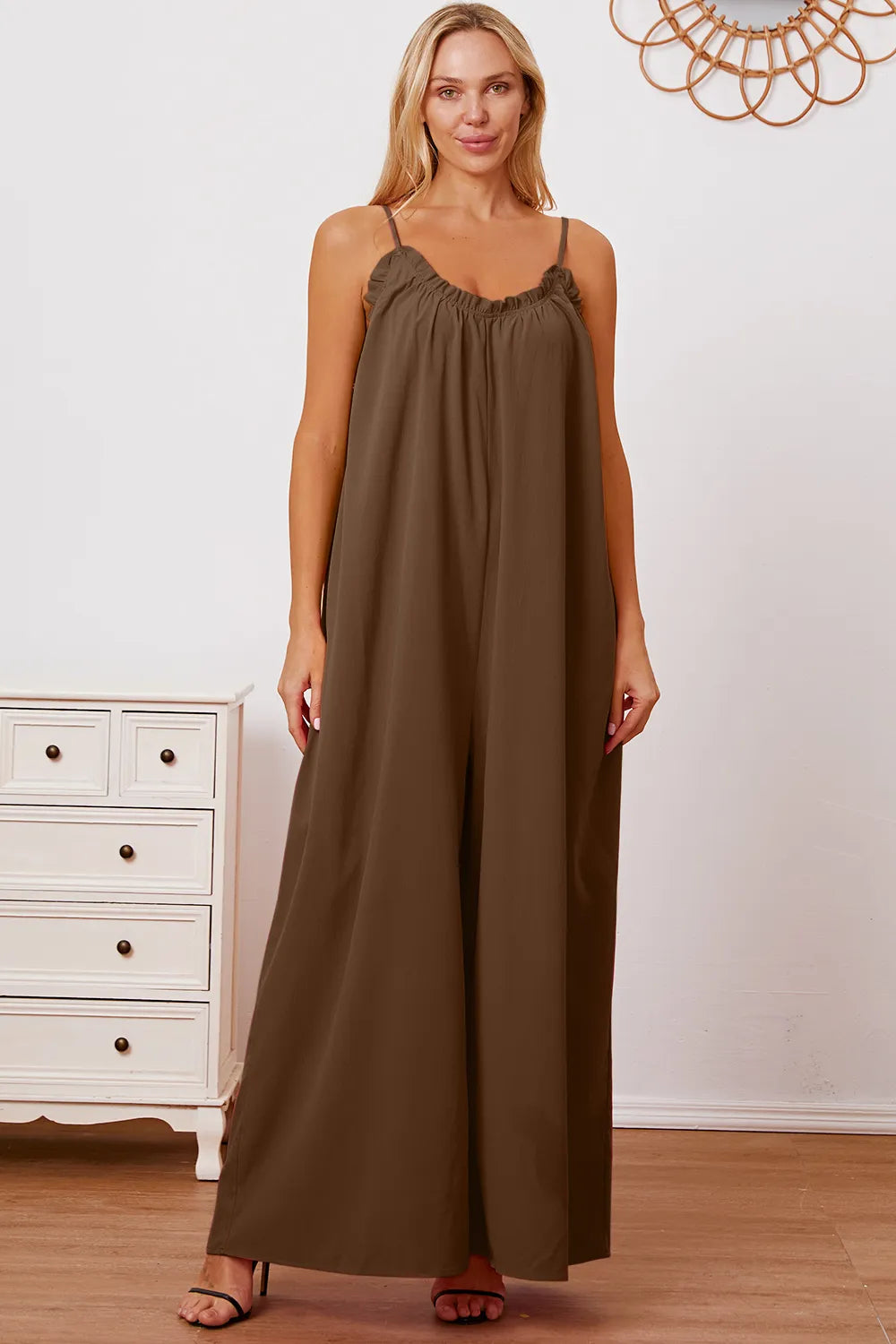 Double Take Full Size Ruffle Trim Tie Back Cami Jumpsuit with Pockets - Lilixa.store